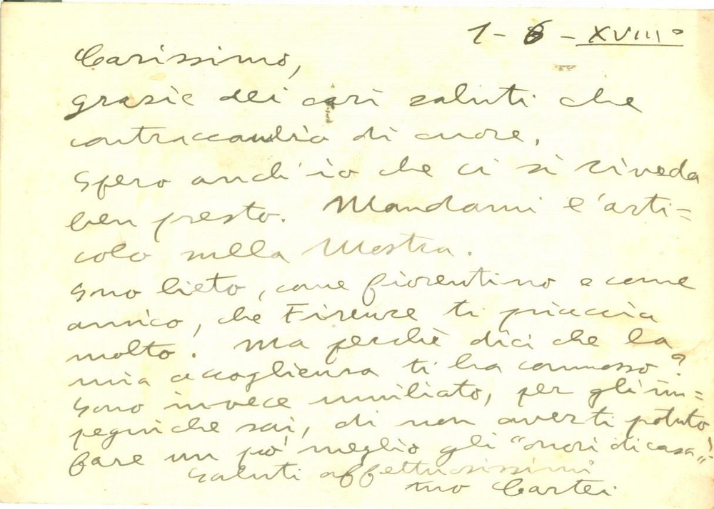 Autografo originale 1940 FIRENZE Giorgio CARTEI Editrice VALLECCHI fiorentino orgoglioso AUTOGRAFO 1