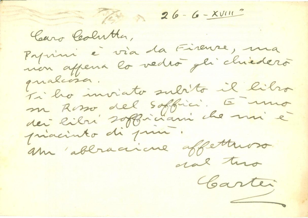 Autografo originale 1940 FIRENZE Giorgio CARTEI Editrice VALLECCHI invia un libro di Ardengo SOFFICI 1