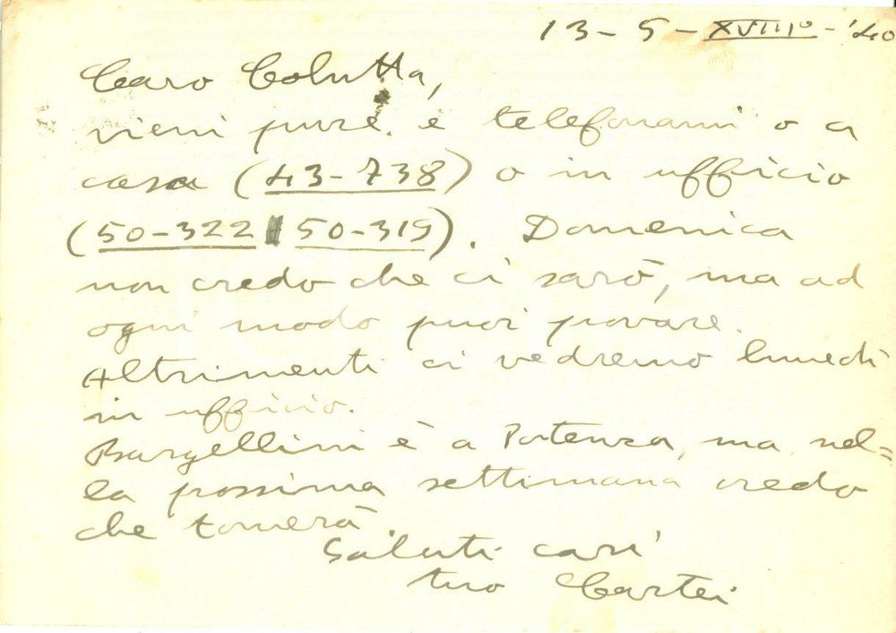 Autografo originale 1940 FIRENZE Giorgio CARTEI Editrice VALLECCHI fissa un appuntamento AUTOGRAFO 1