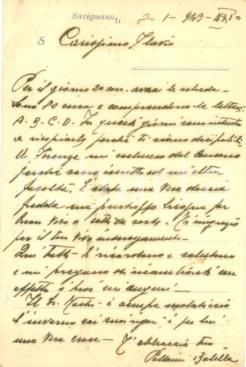 Manoscritto, lettera originale 1943 SAVIGNANO SUL RUBICONE Balilla PELLARINI escluso dal concorso Cartolina FG 1
