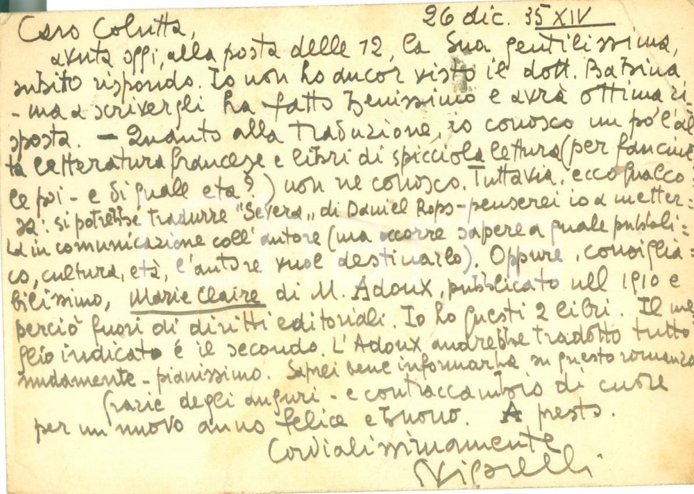 Autografo originale 1935 MILANO Giancarlo VIGORELLI consiglia due opere francesi AUTOGRAFO 1