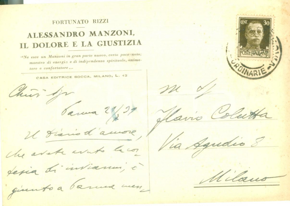 Autografo originale 1939 PARMA Studioso Fortunato RIZZI ringrazia per invio di un opera AUTOGRAFO 1