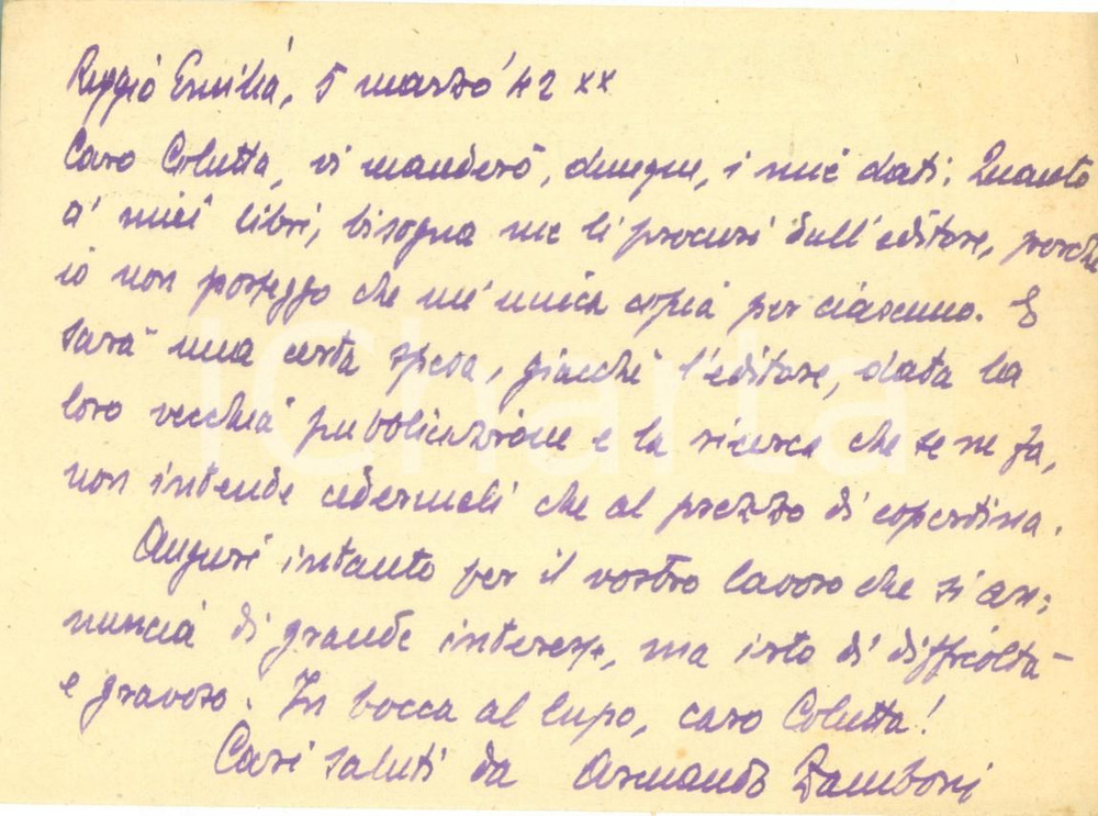 Autografo originale 1942 REGGIO EMILIA Studioso Armando ZAMBONI invia copie di sue opere AUTOGRAFO 1