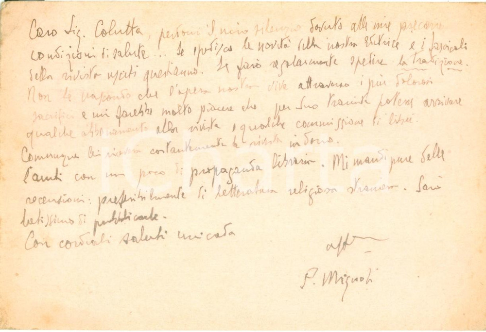 Autografo originale 1937 PALERMO Pietro MIGNOSI La Tradizione  attraversa sacrifici AUTOGRAFO 1