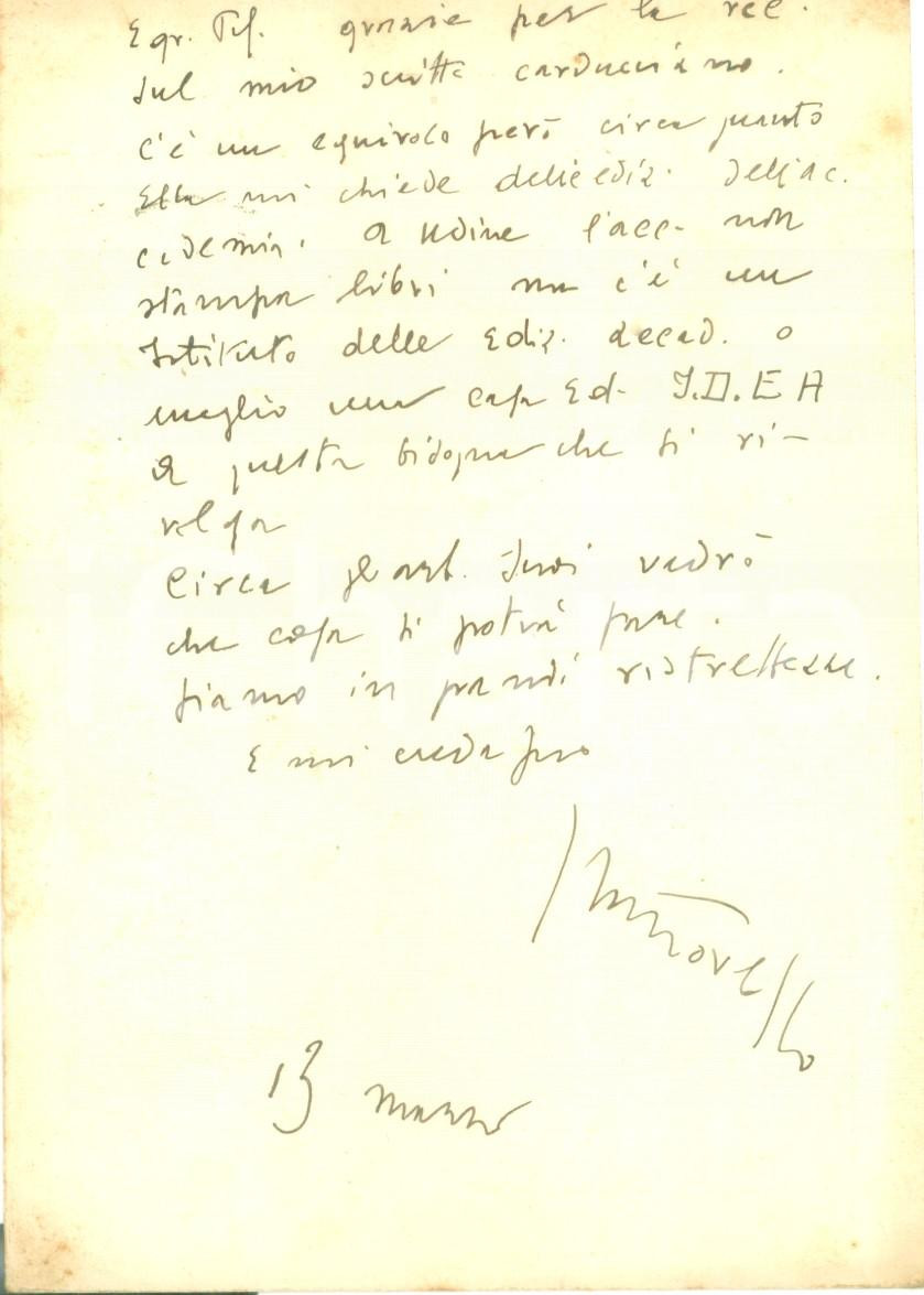 Autografo originale 1936 UDINE Letterato Francesco FATTORELLO ringrazia per recensione AUTOGRAFO 1