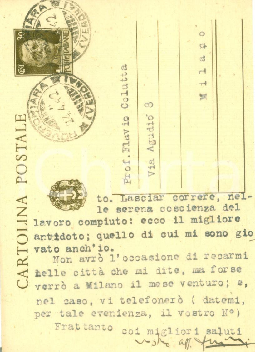 Autografo originale 1942 ROVERCHIARA Lionello FIUMI Lasciar correre è il miglior antidoto AUTOGRAFO 1