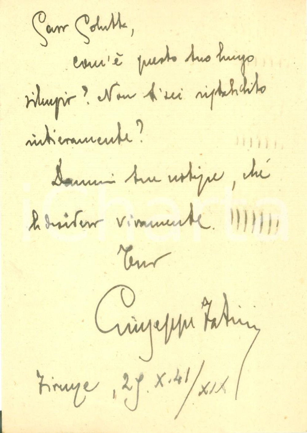 Autografo originale 1941 FIRENZE Storico Giuseppe FATINI chiede notizie di Flavio COLUTTA AUTOGRAFO 1