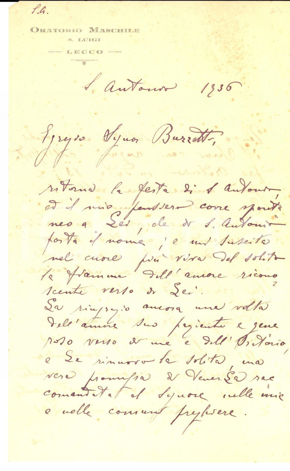 Manoscritto, lettera originale 1936 LECCO Oratorio maschile SAN LUIGI Ringraziamenti don Luigi VERRI Lettera 1