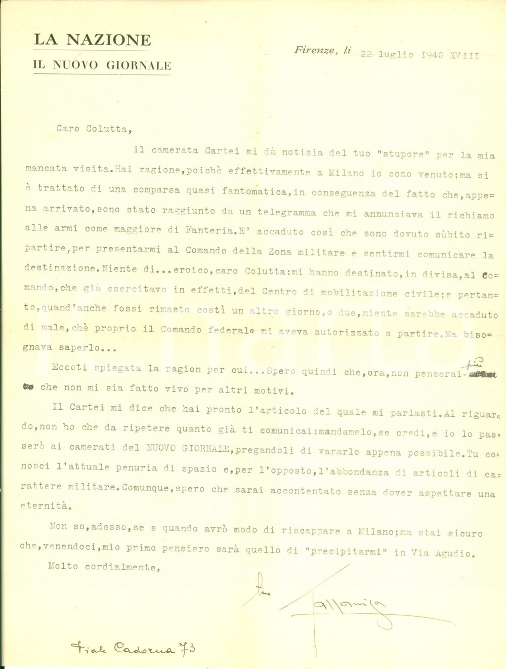 Autografo originale 1940 FIRENZE Rodolfo GAZZANIGA Direttore de La Nazione richiamato alle armi 1