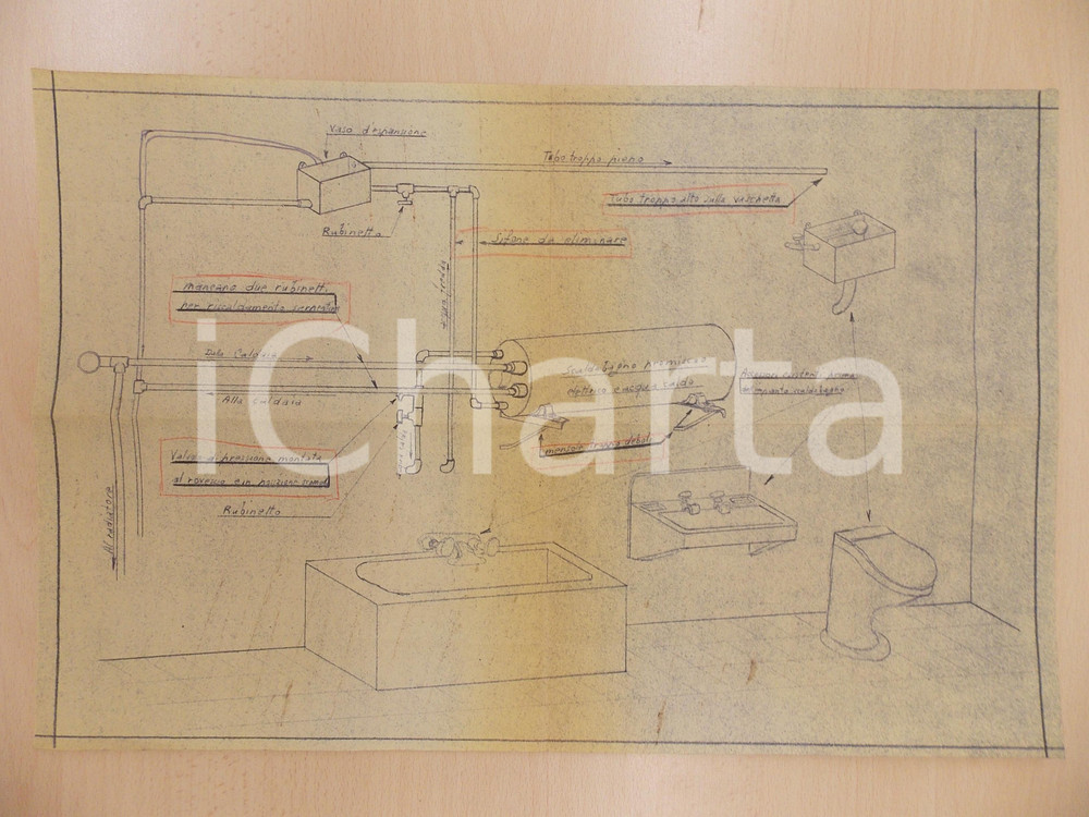 Stampa, bozzetto originale 1950 ca STORIA DEL COSTUME Progetto per un bagno moderno a uso domestico 1