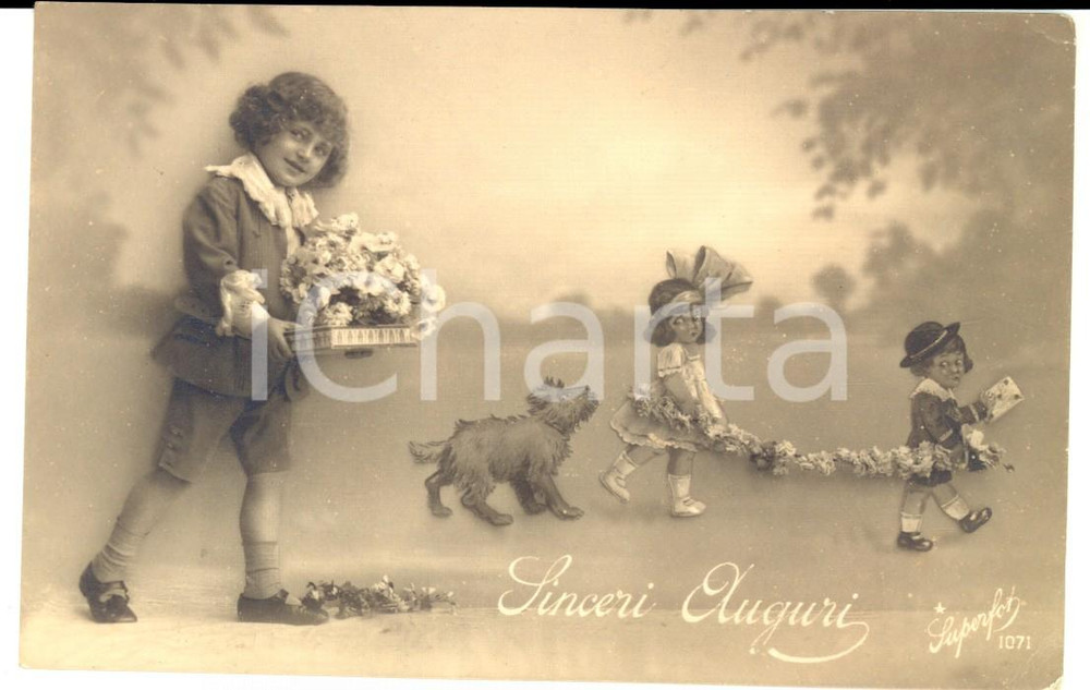 Cartolina originale da collezione 1910 ca Cartolina AUGURI Bambini con fiori e ghirlande Cartolina VINTAGE FP NV 1