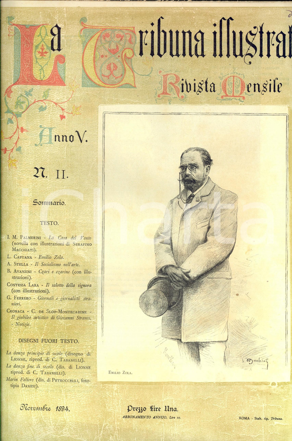 Giornale, rivista storica 1894 TRIBUNA ILLUSTRATA Luigi CAPUANA su Emile ZOLA Rivista anno V nÂ° 11 1