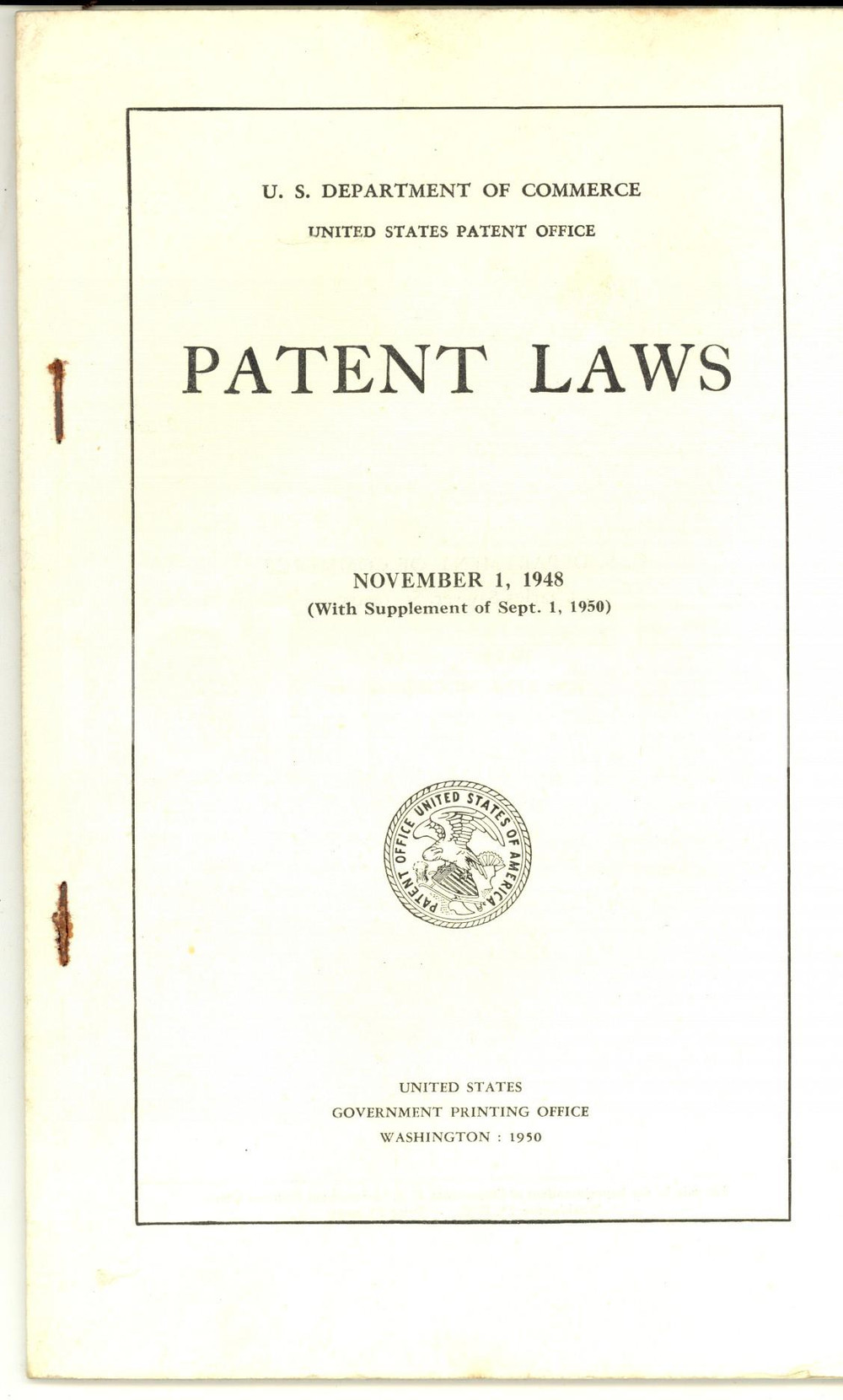 Libro, pubblicazione d epoca 1948 WASHINGTON U. S. DEPARTMENT OF COMMERCE Patent laws and statutes 1