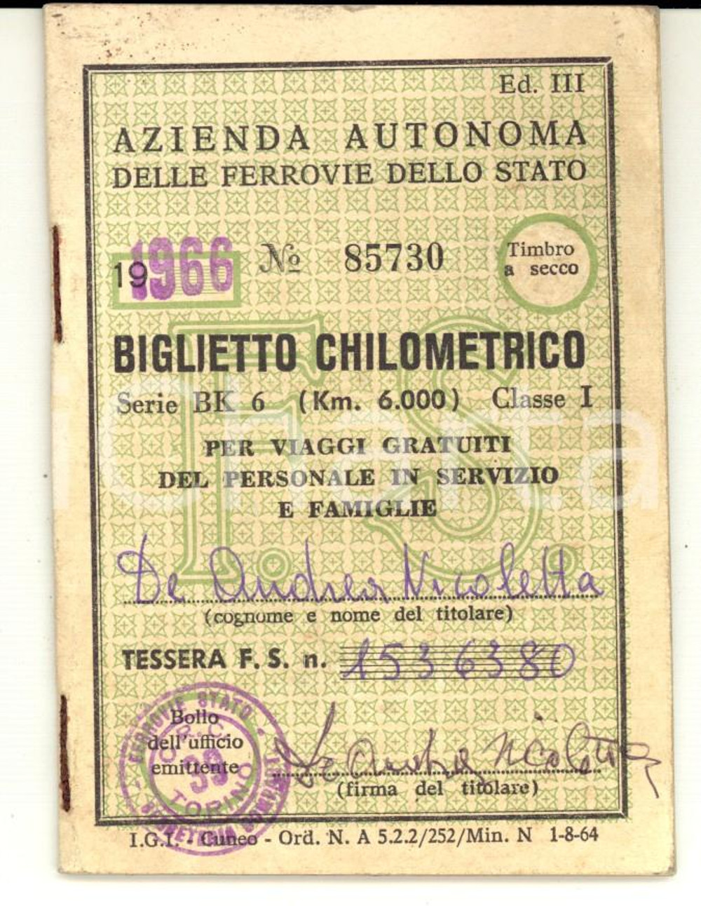 Oggetto da collezione cartaceo 1966 FERROVIE DELLO STATO Biglietto chilometrico per viaggi gratuiti Libretto 1
