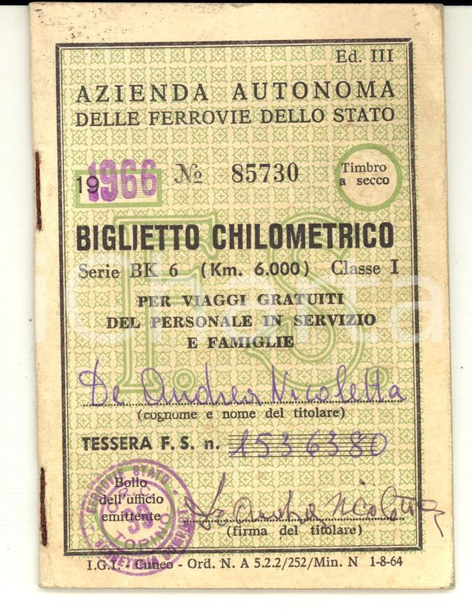 Oggetto da collezione cartaceo 1966 FERROVIE DELLO STATO Biglietto chilometrico per viaggi gratuiti Libretto 1