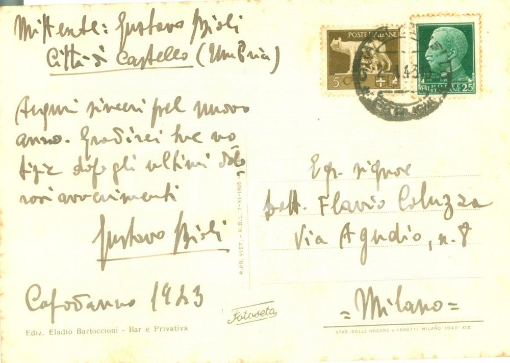 Autografo originale 1943 CITTA  DI CASTELLO PG Giornalista Gustavo BIOLI invia auguri di buon anno 1