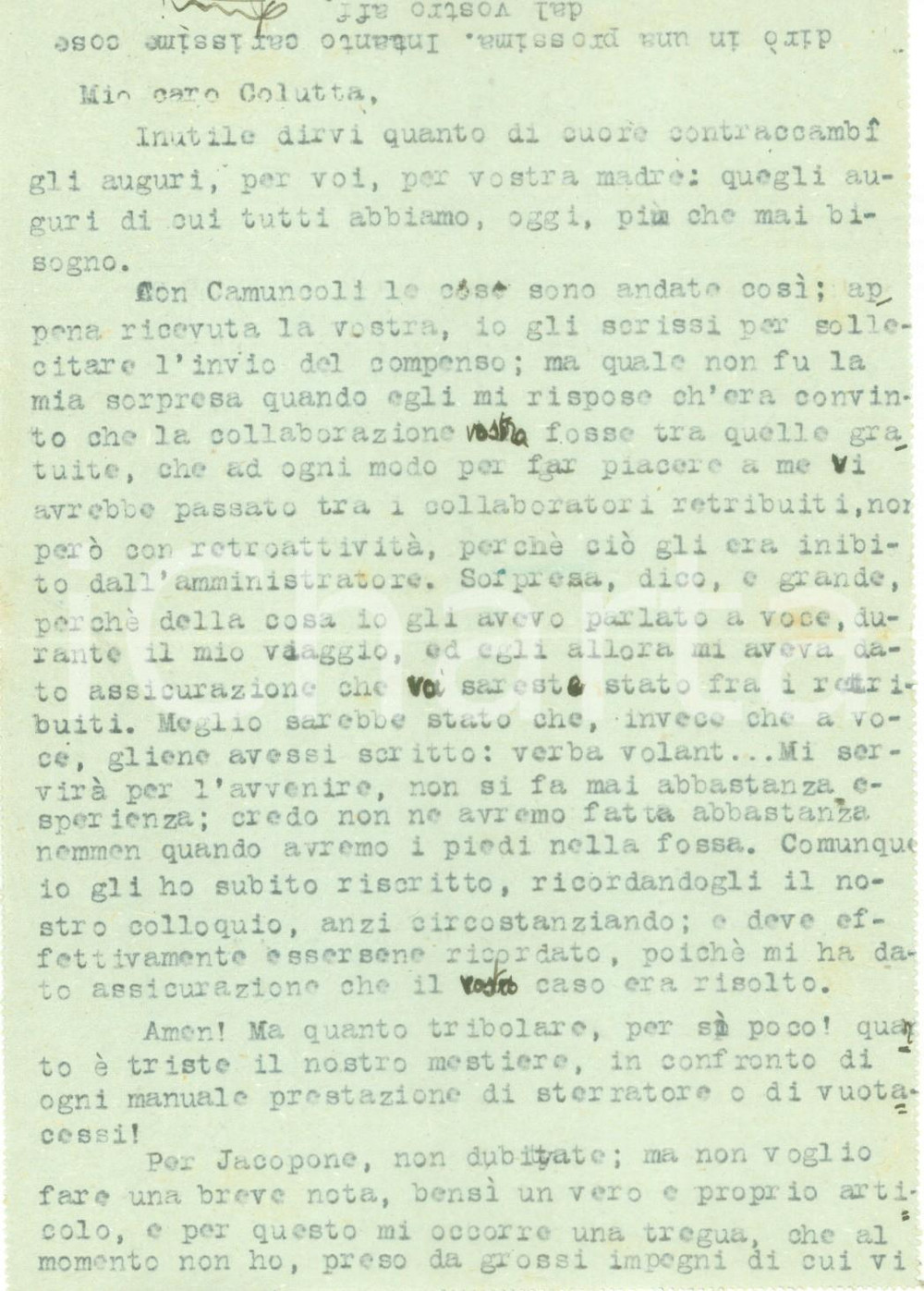 Autografo originale 1943 ROVERCHIARA Lionello FIUMI Quanto Ã¨ triste il nostro mestiere AUTOGRAFO 1