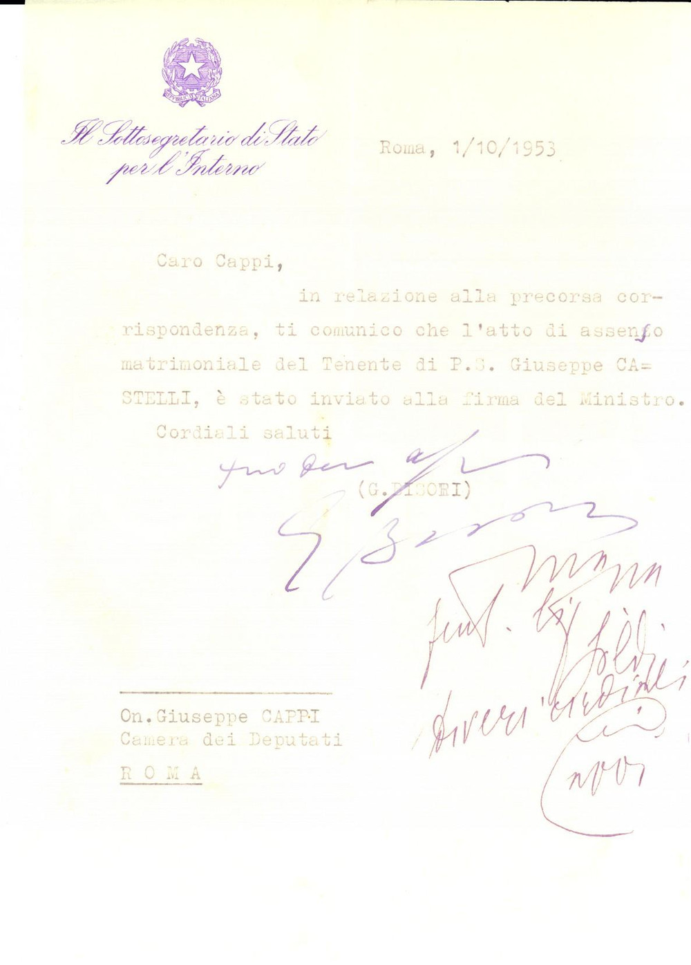 Autografo originale 1953 ROMA On. Guido BISORI su un atto alla firma del Ministro Autografo 1