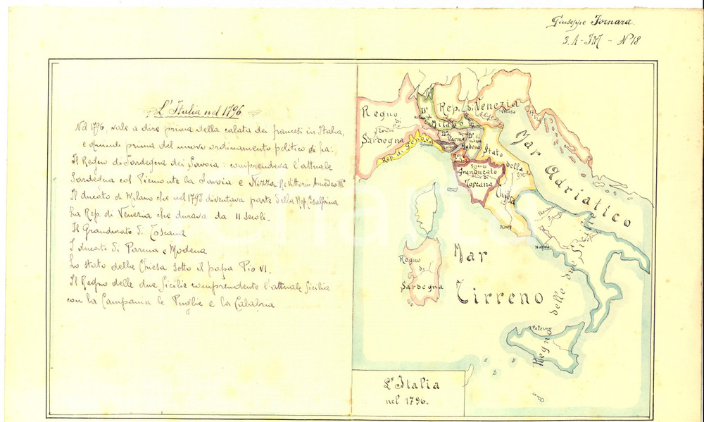 Stampa, bozzetto originale 1890 ca Giuseppe FORNARA L Italia nel 1796 Disegno acquerellato a mano 1
