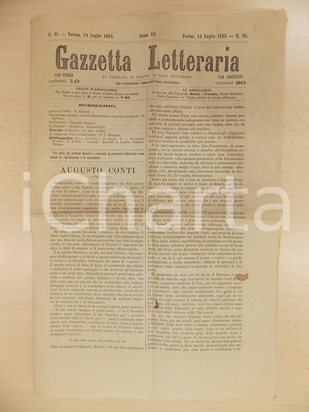 Giornale, rivista storica 1883 TORINO GAZZETTA LETTERARIA Augusto CONTI manesco studente di Pisa Rivista 1