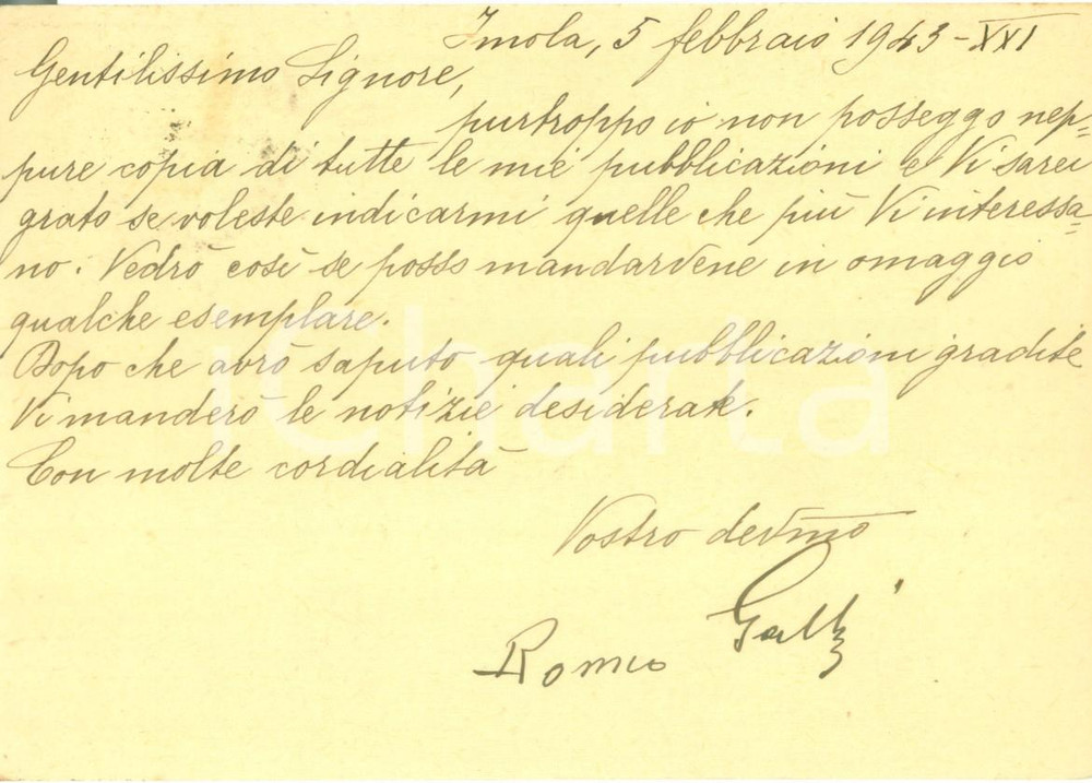 Autografo originale 1943 IMOLA Socialista antifascista Romeo GALLI promette di inviare opuscoli 1