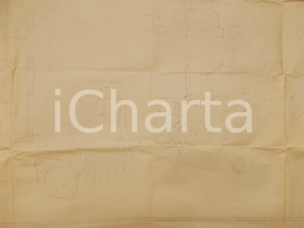 Stampa, bozzetto originale 1950 ca MILANO ? Progetto per motore di una motocicletta Disegno 100x120 1