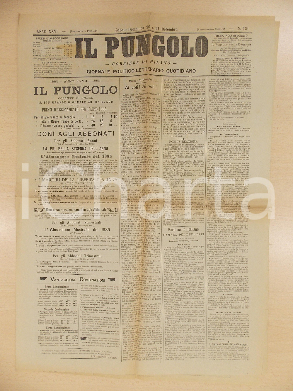 Giornale, rivista storica 1885 MILANO IL PUNGOLO Relazione dell on. LUZZATI volteggiatore Rivista 1