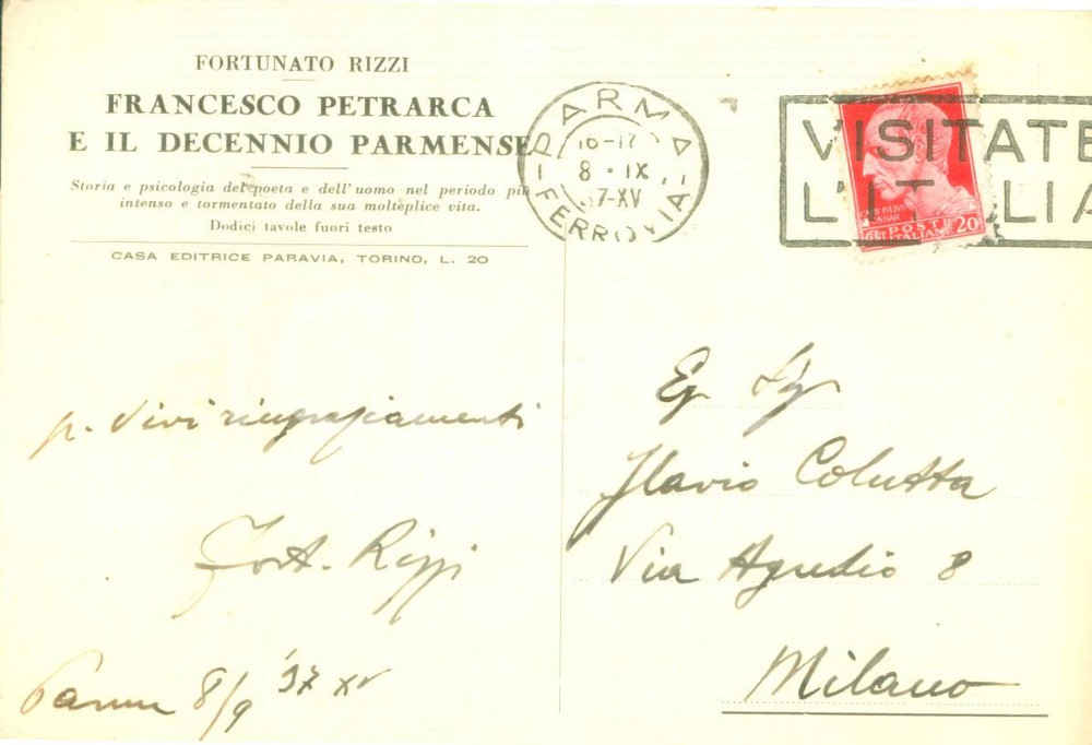 Autografo originale 1937 PARMA Studioso Fortunato RIZZI invia ringraziamenti Autografo 1