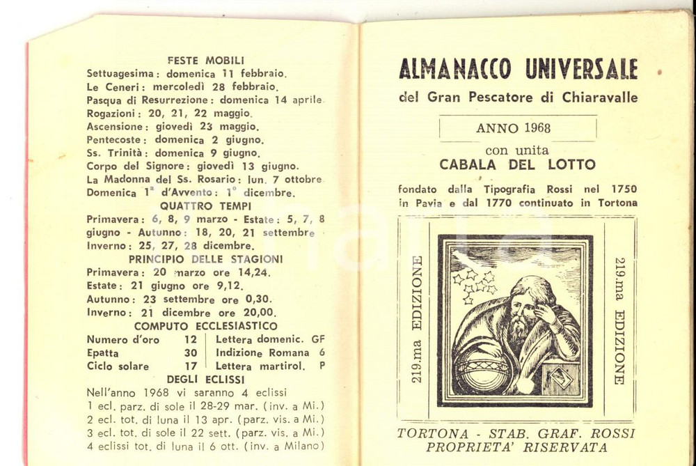 Oggetto da collezione cartaceo 1968 GRAN PESCATORE DI CHIARAVALLE Almanacco Universale Cabala per giuoco lotto 1