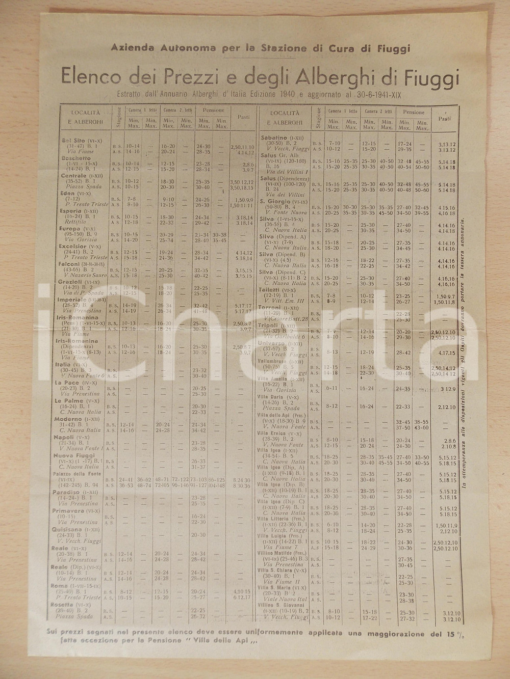 Documento originale, autentico 1941 FIUGGI FR Elenco prezzi e alberghi con orario ferrovie MANIFESTO 1