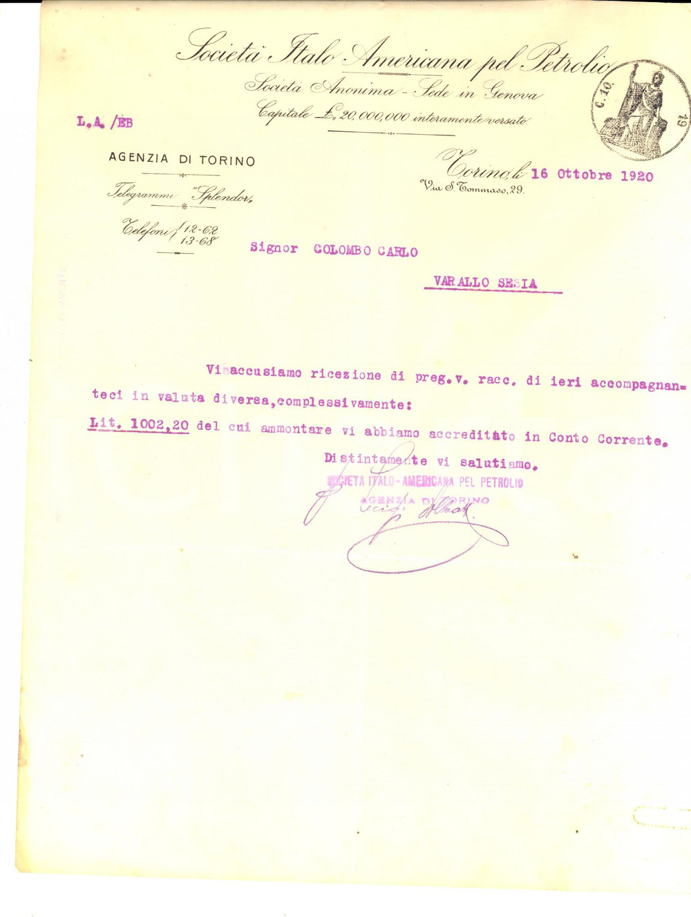 Documento originale, autentico 1920 TORINO SocietÃ  Italoamericana pel petrolio Lettera commerciale 1