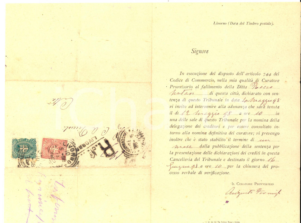Documento originale, autentico 1898 LIVORNO Convocazione per fallimento ditta Rocco SCUTARI Lettera 1
