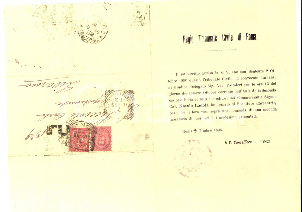Documento originale, autentico 1896 ROMA Lettera ai creditori di Natale LODOLA impresario forniture carcerarie 1