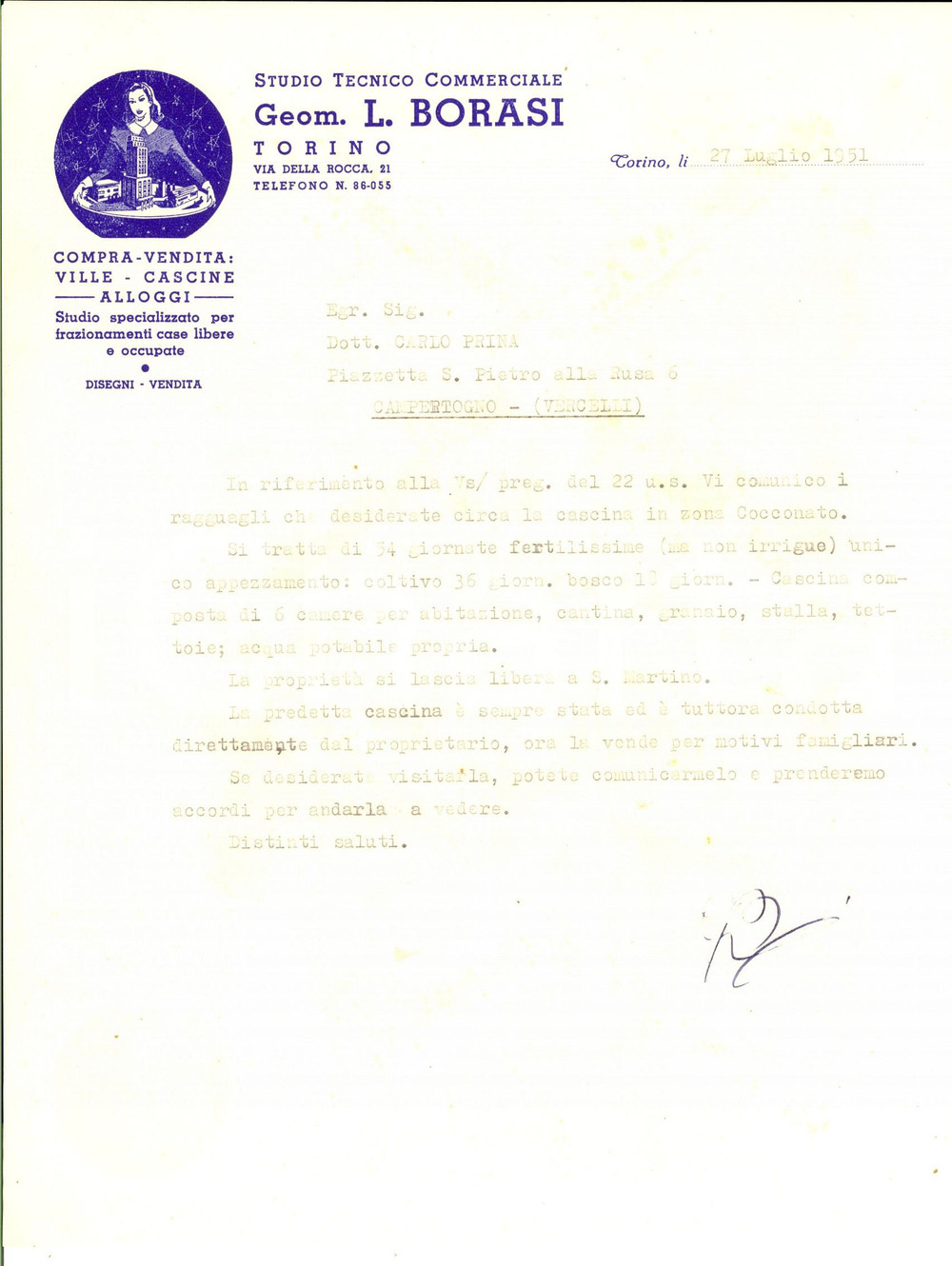 Documento originale, autentico 1951 TORINO Geometra BORASI su una cascina in zona COCCONATO Lettera 1