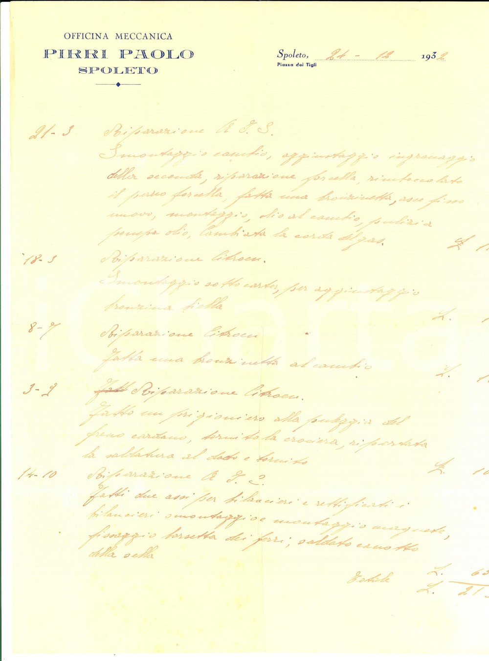 Documento originale, autentico 1932 SPOLETO PG Officina meccanica Paolo PIRRI  Lavori su auto CITROEN 1
