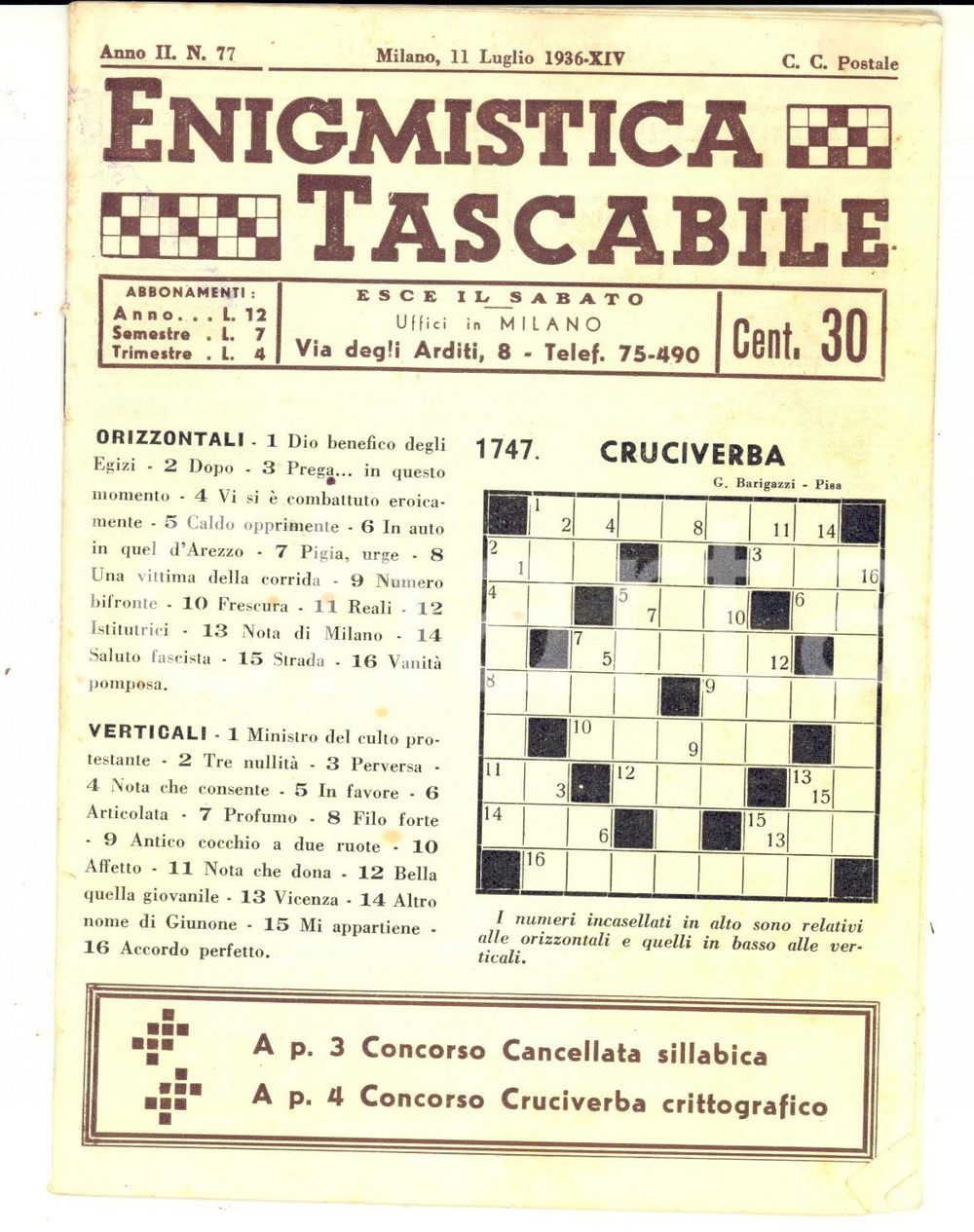 Giornale, rivista storica 1936 ENIGMISTICA TASCABILE Rivista Anno II nÂ° 77 NON COMPILATA 1