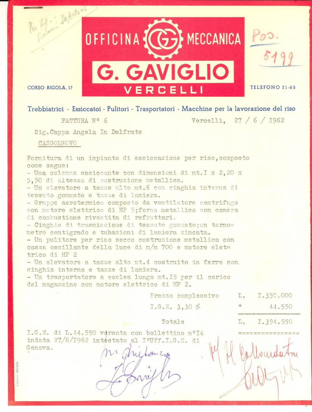 Documento originale, autentico 1962 VERCELLI Officina meccanica GAVIGLIO Preventivo impianto essicazione riso 1