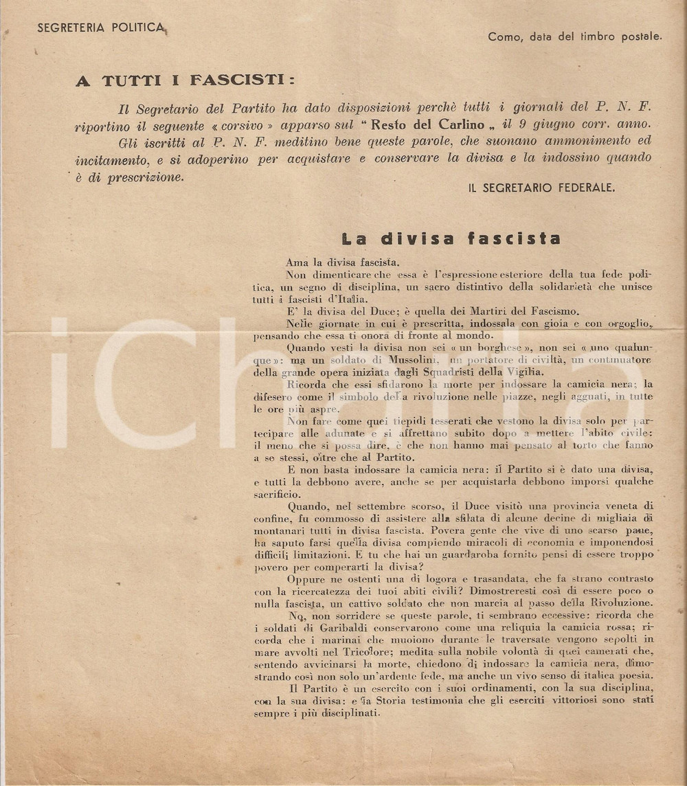 Documento originale, autentico 1930 ca PNF COMO Ama la divisa fascista  Volantino PROPAGANDA 20x30 1
