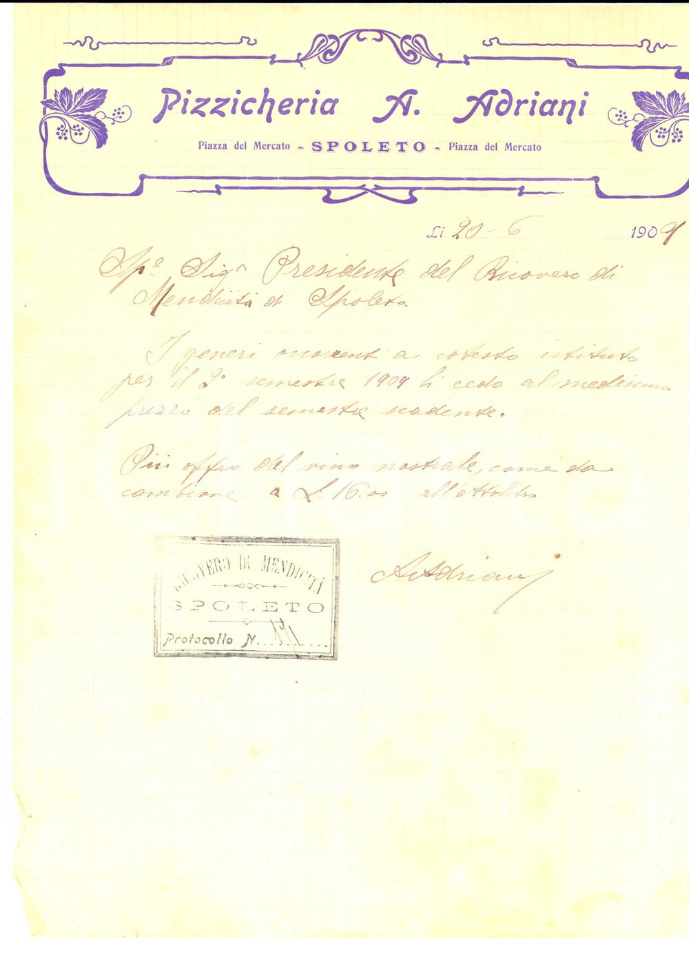 Manoscritto, lettera originale 1909 SPOLETO PG Pizzicheria A. ADRIANI  Preventivo per generi alimentari 1