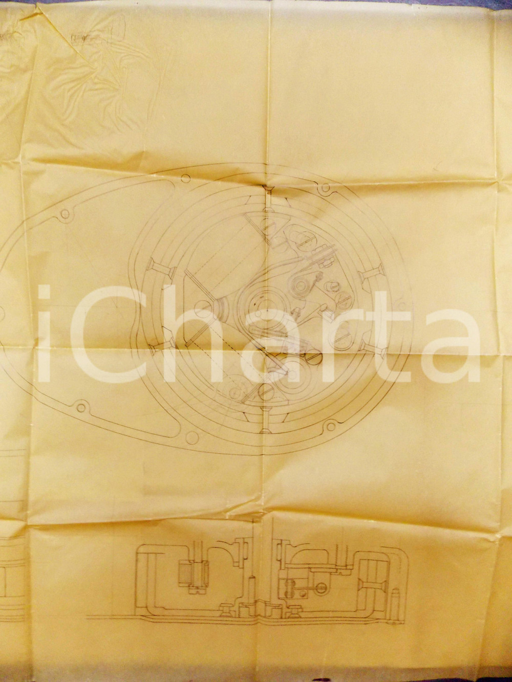 Stampa, bozzetto originale 1950 ca MILANO ? Sezione di un motore Disegno industriale 90x65 cm 1