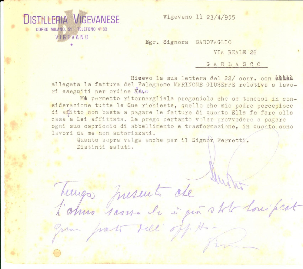 Manoscritto, lettera originale 1955 VIGEVANO PV Distilleria VIGEVANESE  Lettera a un inquilina 1