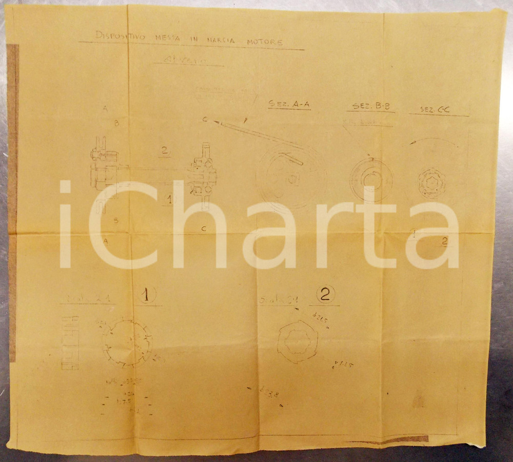 Stampa, bozzetto originale 1950 ca MILANO ? Dispositivo messa in marcia motore Disegno tecnico 50x50 cm 1