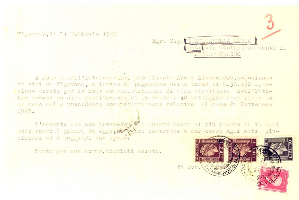Documento originale, autentico 1946 VIGEVANO Alessandro ARATI chiede restituzione ceste e bottiglie di vino 1