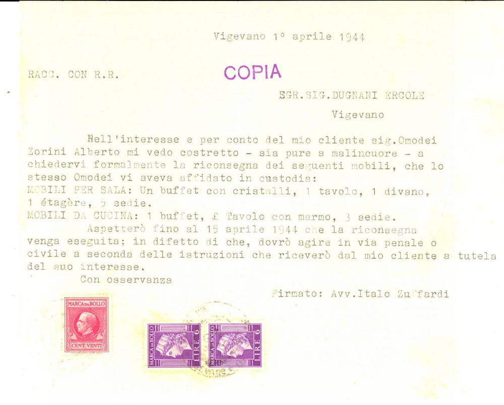 Documento originale, autentico 1944 VIGEVANO Alberto OMODEI ZORINI chiede restituzione dei mobili della sala 1