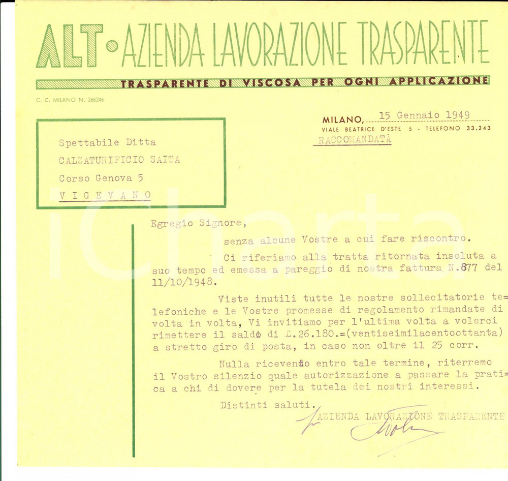 Documento originale, autentico 1949 MILANO Ditta ALT Azienda Lavorazione Trasparente  Viscosa Lettera 1