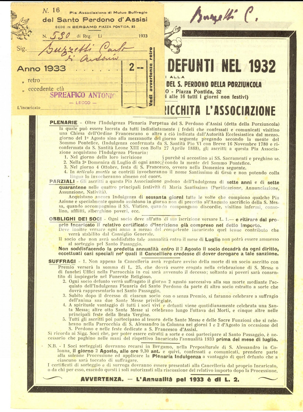 Documento originale, autentico 1932 BERGAMO Soci della Pia Associazione morti in Cristo  + tessera iscrizione 1