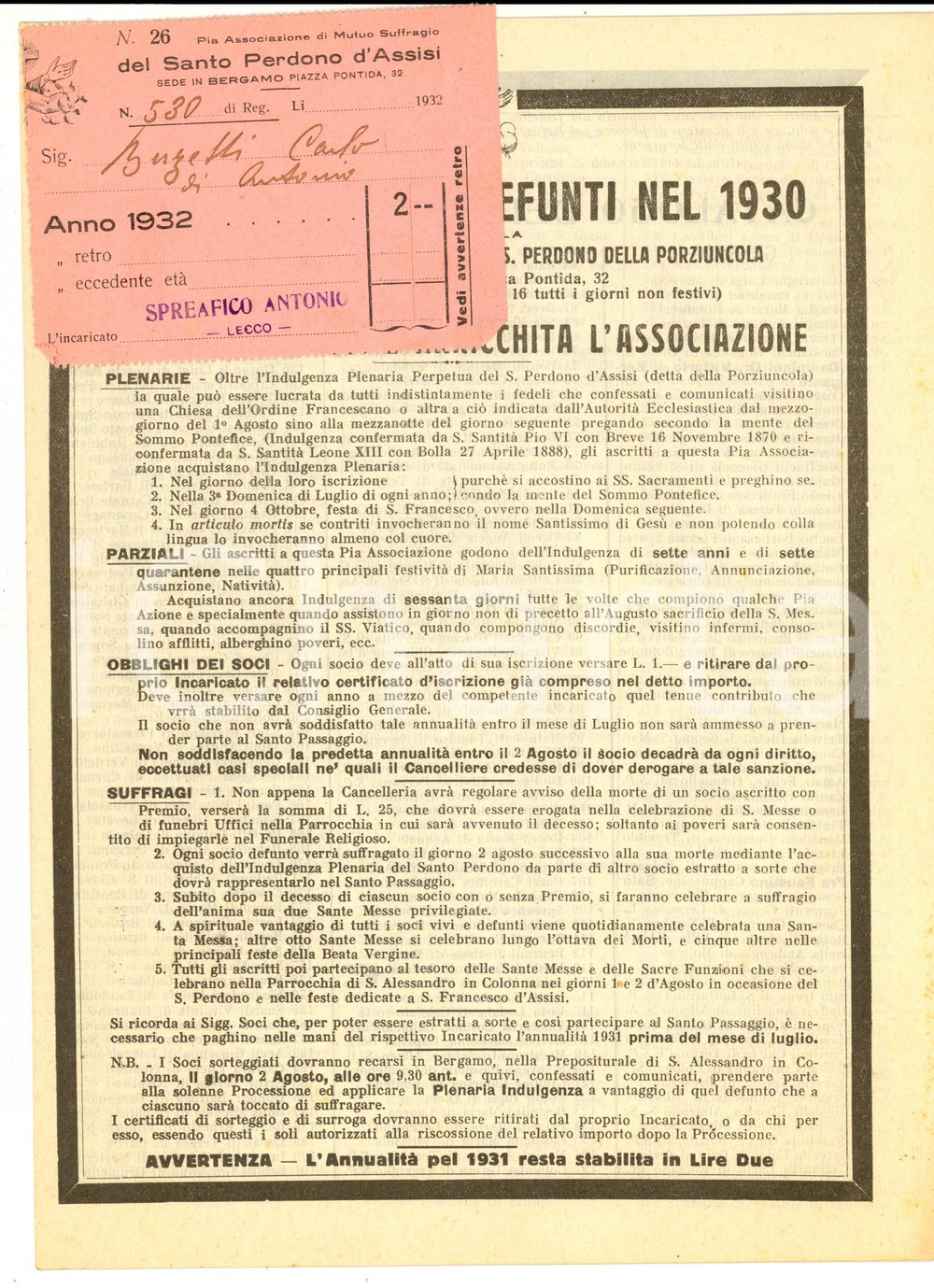 Documento originale, autentico 1930 BERGAMO Soci della Pia Associazione morti in Cristo  + tessera iscrizione 1