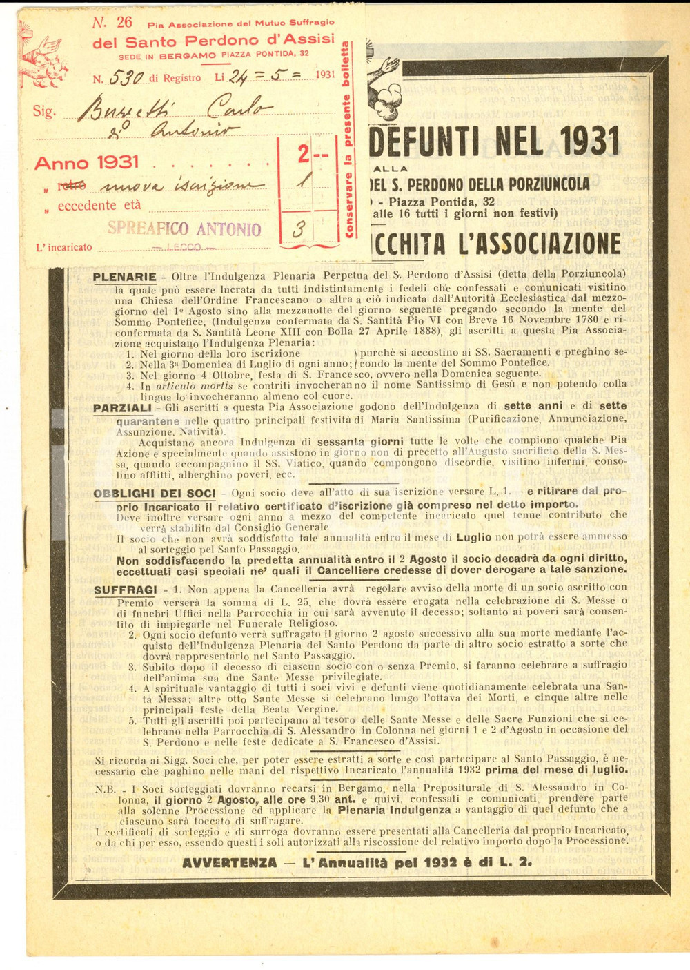 Documento originale, autentico 1931 BERGAMO Soci della Pia Associazione morti in Cristo  + tessera iscrizione 1