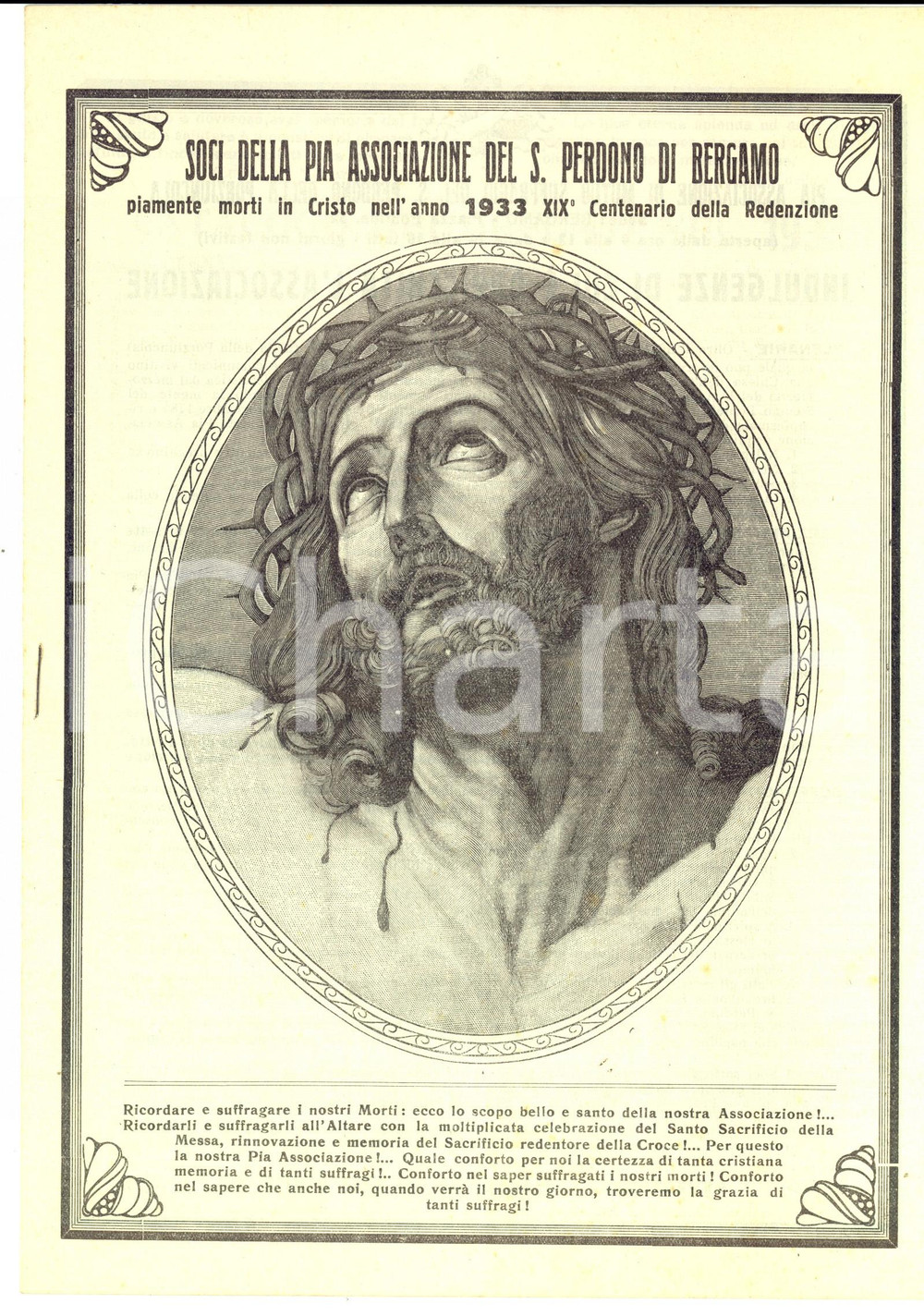 Documento originale, autentico 1933 BERGAMO Soci Pia Associazione morti in Cristo  XIXÂ° Centenario Redenzione 1