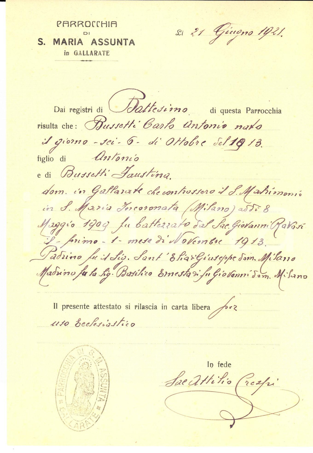 Documento originale, autentico 1921 GALLARATE VA Parrocchia S. MARIA ASSUNTA Battesimo Carlo BUZZETTI 1